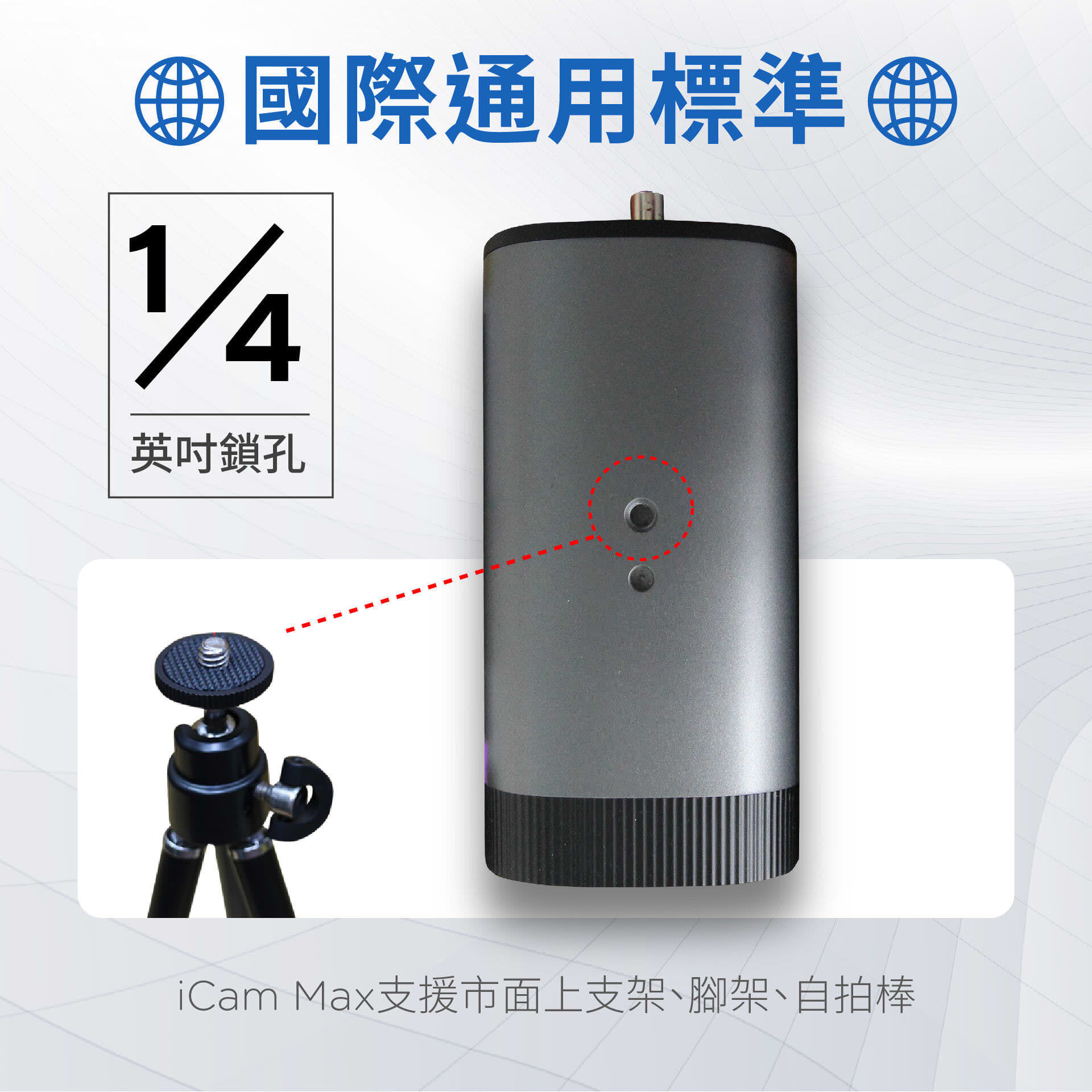 iCamMax攝影機採用國際標準1/4吋螺絲孔
